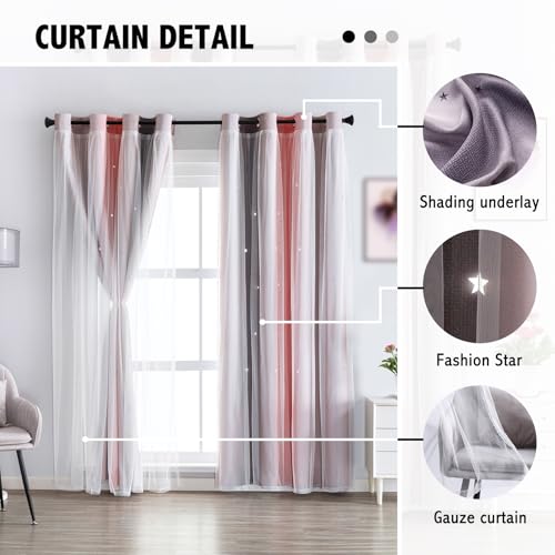 Image of indistar Cutout Blackout Window Curtains for Girls Kids Bedroom Double Layer Star Cut Out Gradient Stripe Curtains, 1 Panel (Pink /Grey W52 x L63 inch)