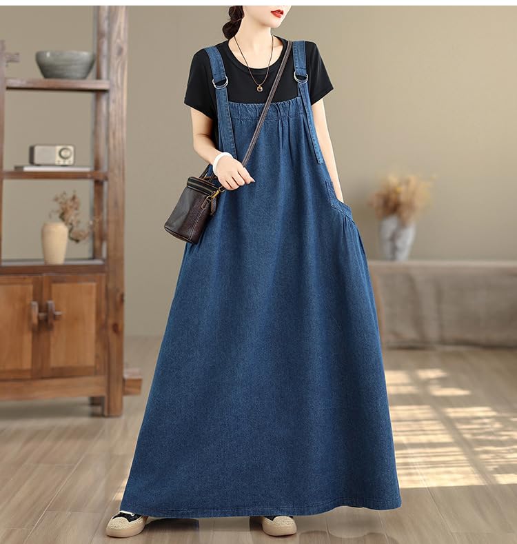 Image of Boho Jumper Dress for Women Loose Overall Pinafore Dresses Adjustable Straps Wide Hemline with Pockets Baggy Style