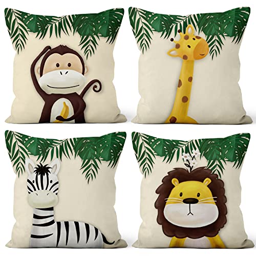 Aoihrraan 24 x 24 Inch Cute Cartoon Animal Cushion Covers Forest Monkey Giraffe Floral Plant Beige Soft Short Plush Square Baby Throw Pillow Cover Children'S Party Kid Sofa Bed Car, 60x60cm Set of 4