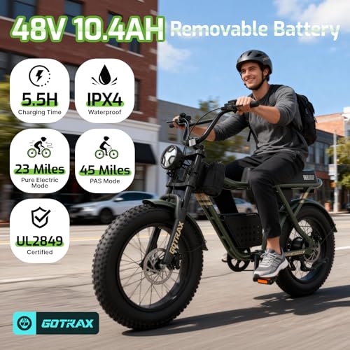 Image of Gotrax R7 20 inch Electric Bike for Adult, 750W Peak Motor, 45 Miles Range | 20 inchFat Tire, Max 25mph, UL Certified, 48V Removable Battery, Front Suspension, Oversized Padded Seat, Basket /Frame Bag, Green