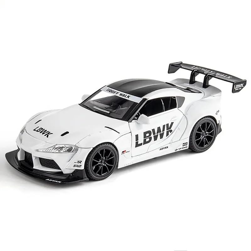 Image of PINQUE Kids 1:24 Toyota Supra GR LBWK Diecast Alloy Metal Pull Back Car With Openable Doors, Music, Sound and Light - Vehicle Toy for Boys (White)