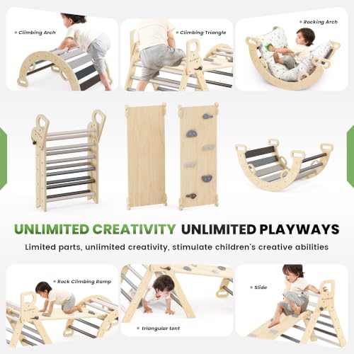 Image of BlueWood Pikler Triangle Set with Cushion, 8-in-1 Climbing Toys for Toddlers, Montessori Philosophy Play Jungle Gym with Arch, Ramp, Ladder(Elegant Gray)