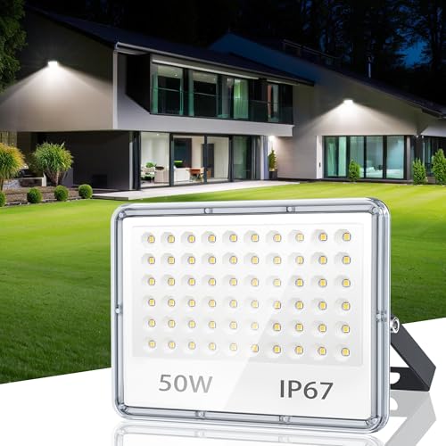 TASINUO Focos LED Exterior 50W, 5000LM 6500K Blanco Frío Luces LED Exterior, IP67 Impermeable Luz Exterior, 60 LEDs Potente Proyector LED, Lampara LED para Jardin, Terraza, Garaje, Fábrica, Almacén