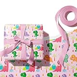 ZhouWei 5 Pièces 70 x 50cm Feuilles Papier Emballage Cadeau, Motif Animaux papier cadeau avec 22 m Ruban Satin Geschenkpapier Kinder, pour Bébé Shower Naissance Anniversaire (Rose)