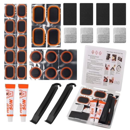 Figpade Kit de reparación de neumáticos de bicicleta de 32 piezas, kit de parches de neumáticos de bicicleta 2025 con parches de 3 tamaños y herramientas profesionales, kits de parches de tubo