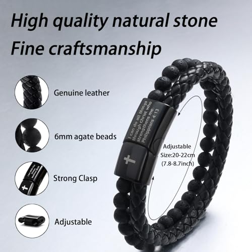 Pulsera de cuero tejido con cruz y cuentas de piedra lava para hombre miniatura 2