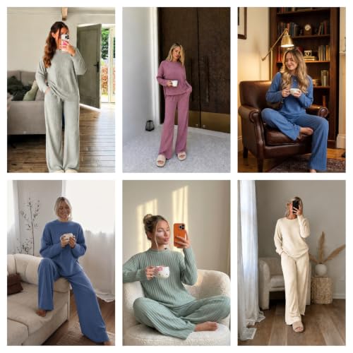 Ekouaer Lounge Sets for Women Ribbed Long Sleeve Mock Neck 2 Piece Outfit | Ribbed Knit Fabric, Mock Neck Long Sleeve Top, Wide Leg Pants With Pockets, 2 Piece Matching Set, Casual Loungewear - image 3