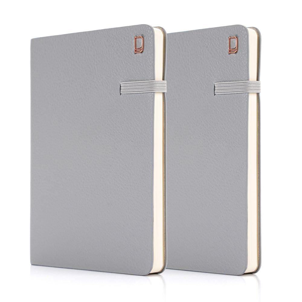 Railex Modena Real Leather Journal A5 Notebook PACK OF 2 - HARBOUR GREY Dotted Notebook, To Do List Diary with Pocket, Gratitude Journal, Pocket Note Book, Journals for Women & Men
