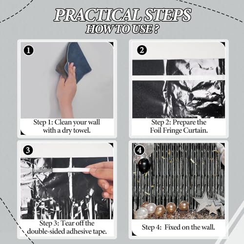 Image of DECOCKRAT 3 Pack Foil Fringe Backdrop - Laser Black Shiny Tinsel Curtains for Party Decoration /Photo Booth Props - 3.3x8.2 FT Metallic Foil Backdrop for Birthday, Wedding, Graduation, Christmas.