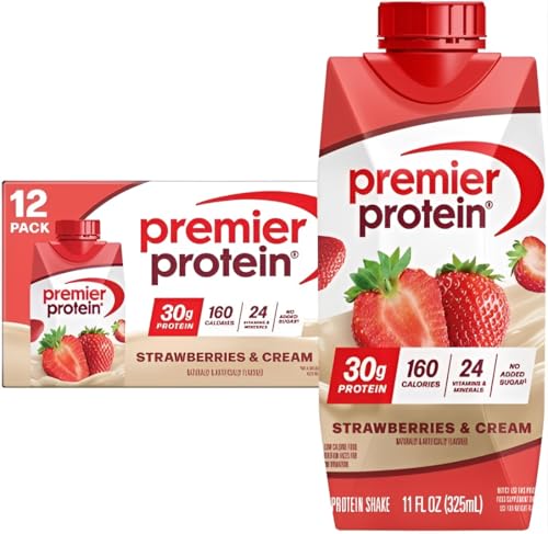 Premier Protein Shake, Strawberries & Cream, 30g Protein, No Added Sugar, 24 Vitamins & Minerals to Support Immune Health, 11 fl oz, 12 Pack (Packaging May Vary)