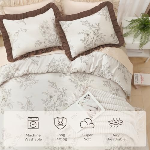 Image of Litanika Beige Brown Twin Comforter Sets, 2 Pieces Coffee Ruffle Floral Farmhouse Bedding Comforter Sets, All Season Soft Lightweight Fluffy Microfiber Bed Set(66x90In Comforter, 1 Pillowcase)