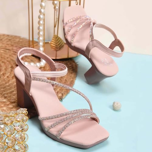 Image of JM LOOKS Women's Sandal Strappy Embellished Heels Ankel Strap Square Toe Lightweight Comfortable Stylish for Wedding Party Festivel Occasion.