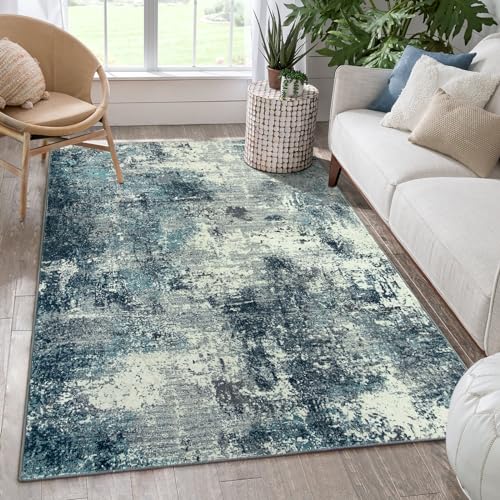 Lahome Abstract 5x7 Area Rugs for Living Room, Machine Washable Ultra Thin Bedroom Rug Non-Slip, Low-Pile Soft Modern Blue Grey Indoor Large Floor Carpet for Office Dining Room Playroom Blue