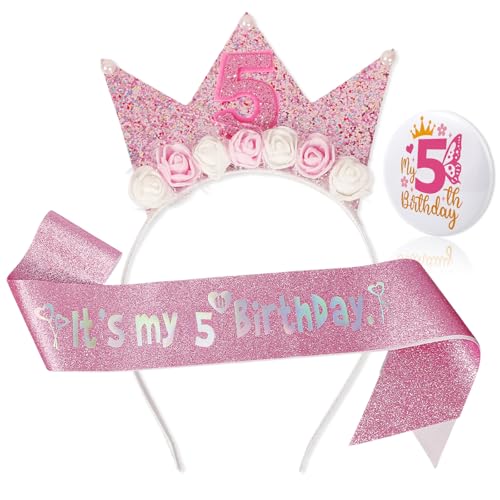 Image of Bliceon 5th Birthday Girl Headband Sash and Badge Set, 3 Piece Pink Glitter Princess Party Decorations, Birthday Decorations Gifts for 5 Year Old Girls Party Supplies