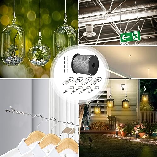 Image of String Lights Hanging Kit, Outdoor Light Guide Wire, 1 /16 Wire Rope Kit Includ 98.4FT Picture Wire 4Pcs D-Ring Hangers 8Pcs Screws, Adjustable Hanging Hooks for Hanging Picture Frame Mirror Wall Art