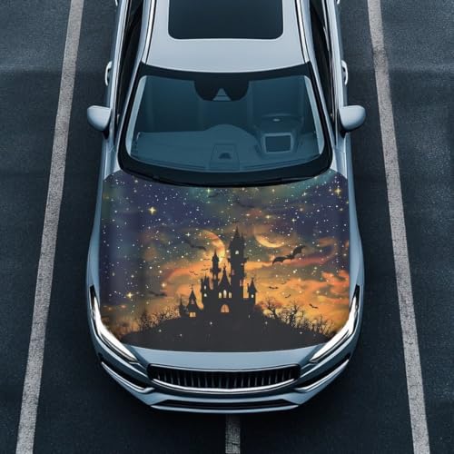 Image of Car Hood Cover Protector Halloween Spooky Castle Print Waterproof Car Hood Wrap Blanket Auto Flag Automotive Halloween Exterior Accessories for Sedans SUVs Pickups Trucks Jeeps