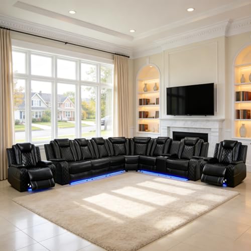 Image of Power Reclining Sectional Sofa Set with 2 Recliner Chairs, Black Breathable Faux Leather L-Shaped Couch with LED Lights, USB, Wireless Charging, Storage Console and Cup Holders for Living Room