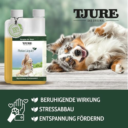 TJURE Relax Liquid für Hunde | 500 ml | Ergänzungsfuttermittel mit Kräuterextrakten | Zur Unterstützung von Ruhe & Ausgeglichenheit | Pflanzliche Rezeptur | Made in Germany