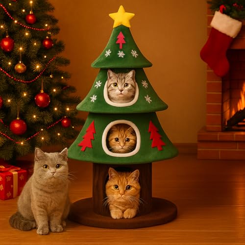 COMHOMA Kratzbaum 135 cm hoch Weihnachtsbaum-Design mehrstöckiger Katzenbaum mit Katzenhaus mit Kratzsäulen Spielball Stabiler Kletterbaum für Katzen grün