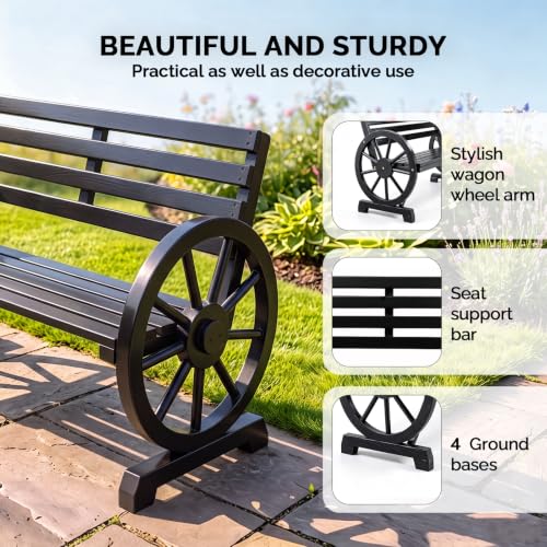 Image of VINGLI Rustic Wooden Wheel Bench Outdoor Bench, Patio Bench Wagon Slatted Seat, Garden Benches for Outdoors 350lbs High Capacity, Weather Resistance (Black, 41in)