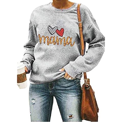 ALLTB Mama Sweatshirt Women Leopard Mom Letter Print Shirts Plaid Heart Graphic Tees Casual Long Sleeve Pullover Tops - Grey - Medium Cover