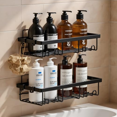 LINKINNO 2 Pezzi Mensola Doccia Senza Foratura, Autoadesivo Portaoggetti in Metallo Organizzatore con 2 Ganci Removibili conservare Shampoo Sapone Accessori per Bagno, Nero