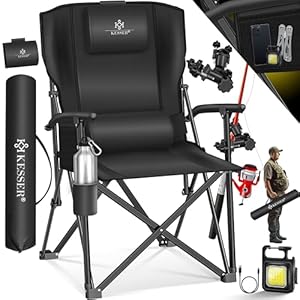 KESSER® Campingstuhl faltbar bis 160 kg | Angelstuhl Faltstuhl Klappstuhl Gepolstert mit Armlehnen | Campinglicht und Getränkehalter + Tasche mit hoher Rückenlehne | Strandstuhl mit Angelhalterung