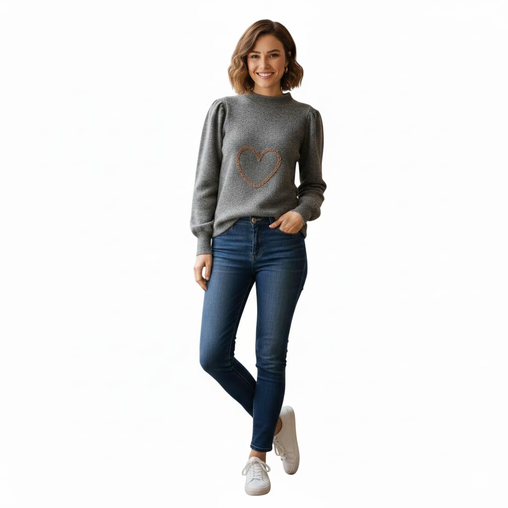 Women's Grey Textured Pullover Sweater M, Soft Acrylic Knit, Round Neck, Full Sleeve, Lightweight Winter Jumper, Casual Solid Warm Knitwear-image-10