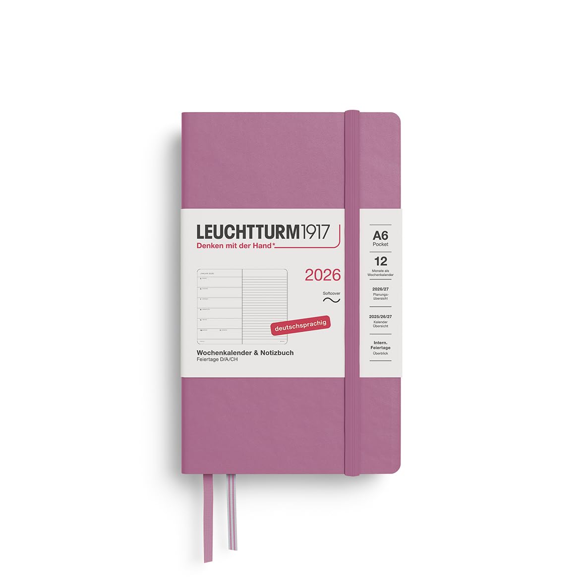 LEUCHTTURM1917 372512 Weekly Calendar & Notebook Pocket (A6) 2026, 12 Months, Soft Cover, Dusty Rose, German