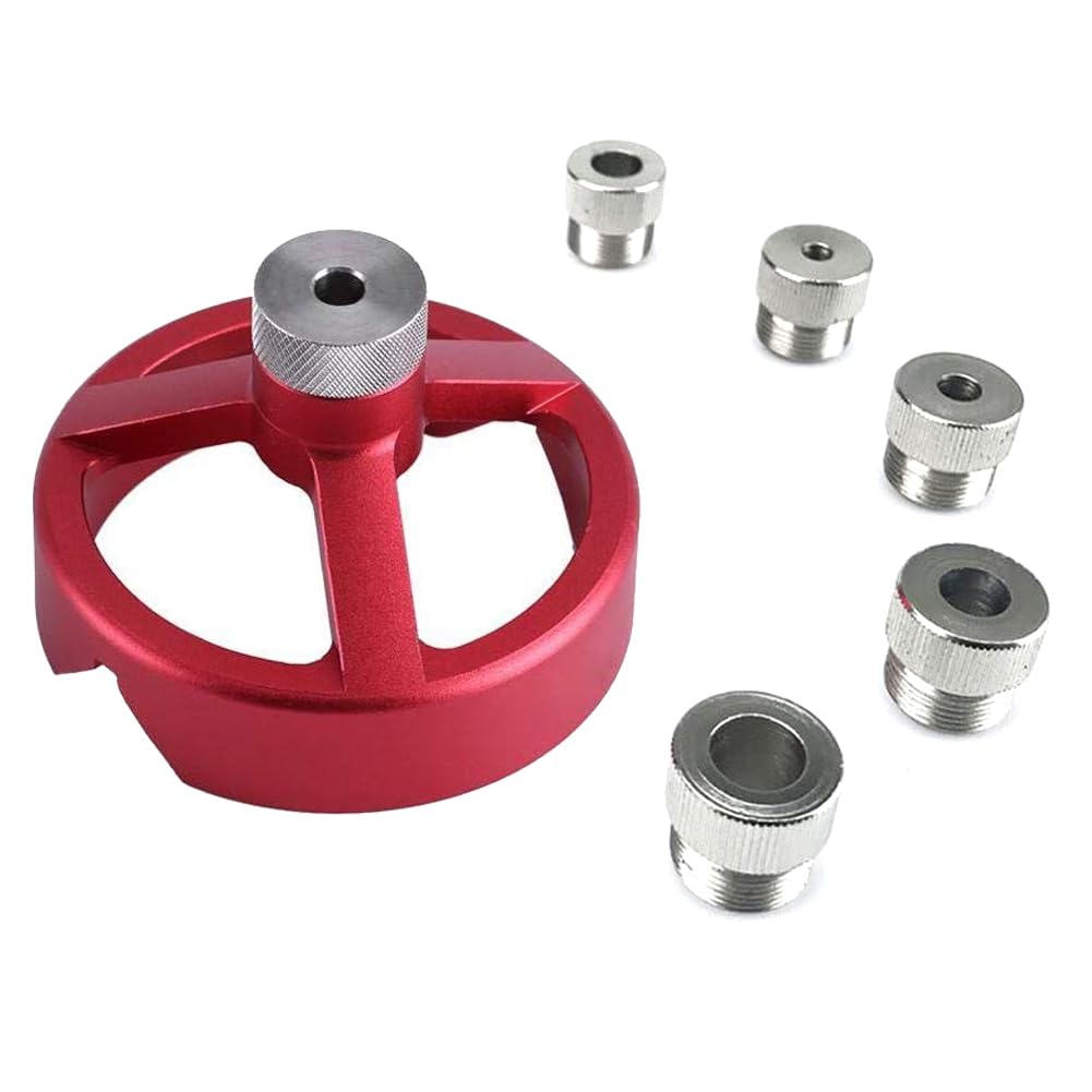 Carpenter's Vertical Drill Guide, 7Pcs/Set Woodworking Drill Jig Positioning Kit Aluminium Alloy Self-Centering Drill Bit Guide 5/6/7/8/9/10mm Hole, for Electric Power Hand Drill (Red)