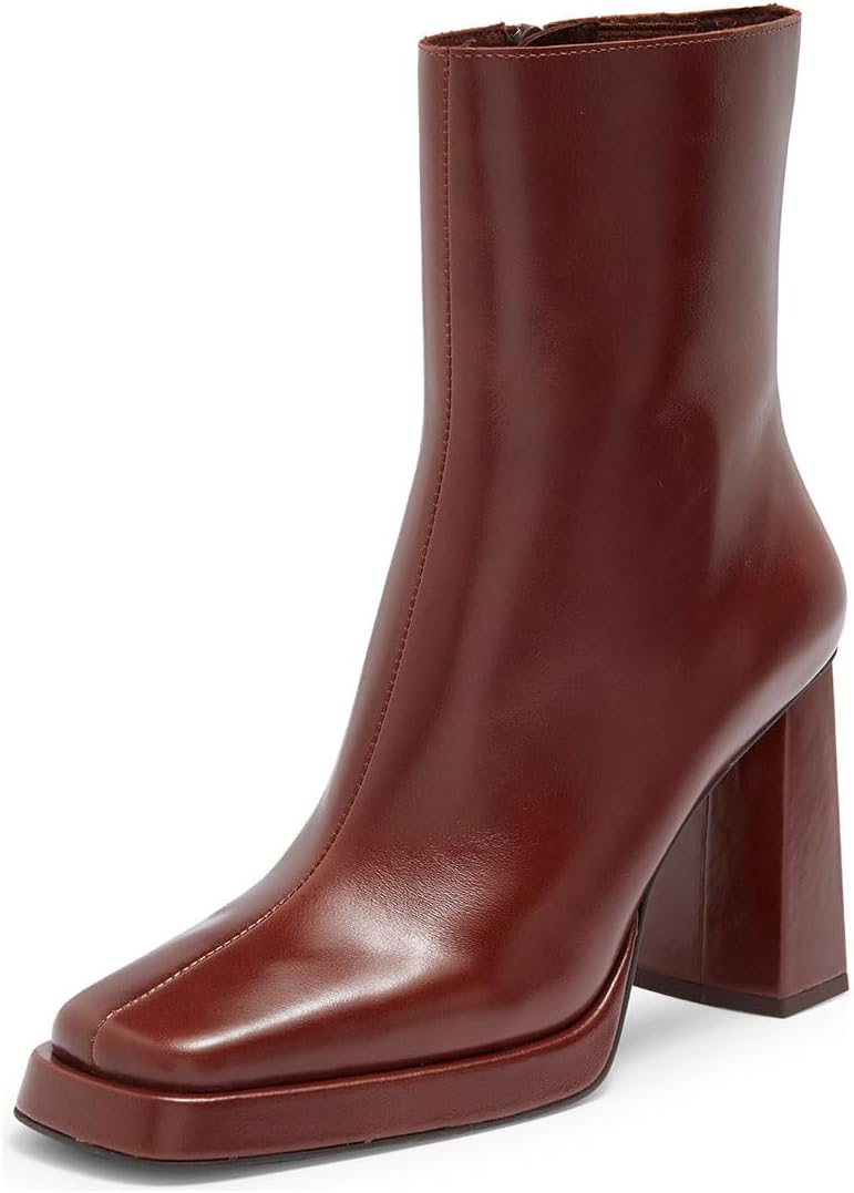 Pazzion Women Chic Platform Closed Square Toe Mid Calf Boots Smooth Side Zip High Thick Heels Formal Business Working Shoes Size 4-16 US