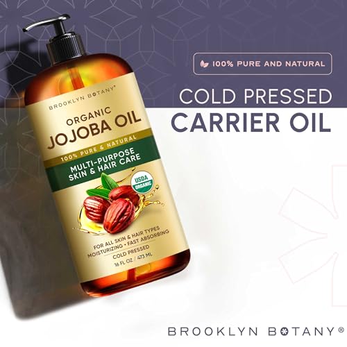 Image of Brooklyn Botany Cold-Pressed Organic Jojoba Oil | 16 Fl Oz | Hair | Face | Body | 100% Pure and Natural | Carrier Oil | Aromatherapy | Massage | Ayurvedic Hair Care | Hexane-Free