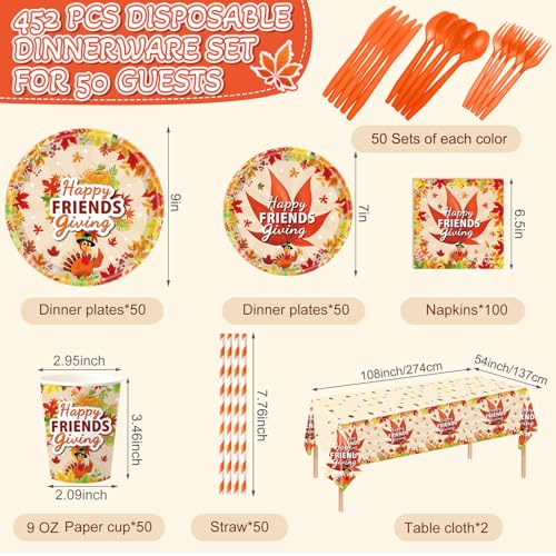 Image of Funnymoom 452 Pcs Happy Friendsgiving Party Decoration for 50, Fall Maple Leaf Friends Giving Paper Plates Napkins Cups Tablecloth Cutlery Straws for Autumn Friendsgiving Thanksgiving Party Supplies