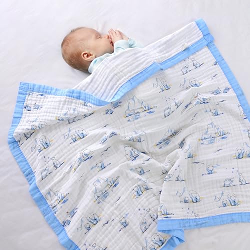 Image of Jay & Ava Baby Muslin Blankets 42' x 42', Soft Cotton Blanket for Toddler Boy, 4 Layers Bed Muslin Throw for Crib, Large Receiving Blanket - Blue Polar Bear