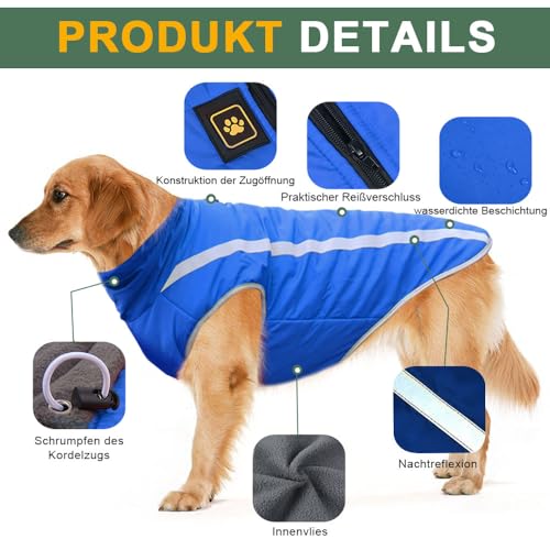 Voarge Wasserdichter Hundemantel Winter Warme Jacke, Reflektierende Verstellbare Outfit Winter Jacke für kleine mittelgroße Hunde mit Geschirrloch (Blau, 3XL)