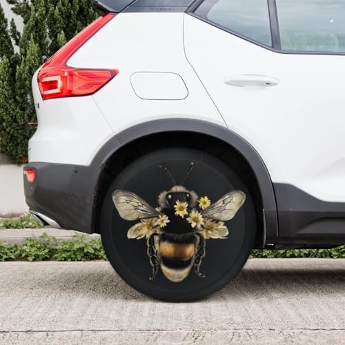 Image of Spare Tire Cover Bee Floral Wheel Covers Protectors Waterproof Dust-Proof Universal Fit Trailer, RV, SUV and Many Vehicle 15 Inch