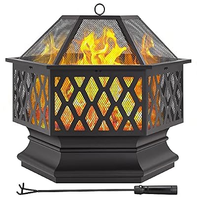 Yaheetech 26in Fire Pits for Outside Hex Shaped Fire Pit Wood Fire Pit Outdoor Fireplace for Bonfire Patio Picnic BBQ, with Spark Cover, Fire Poker