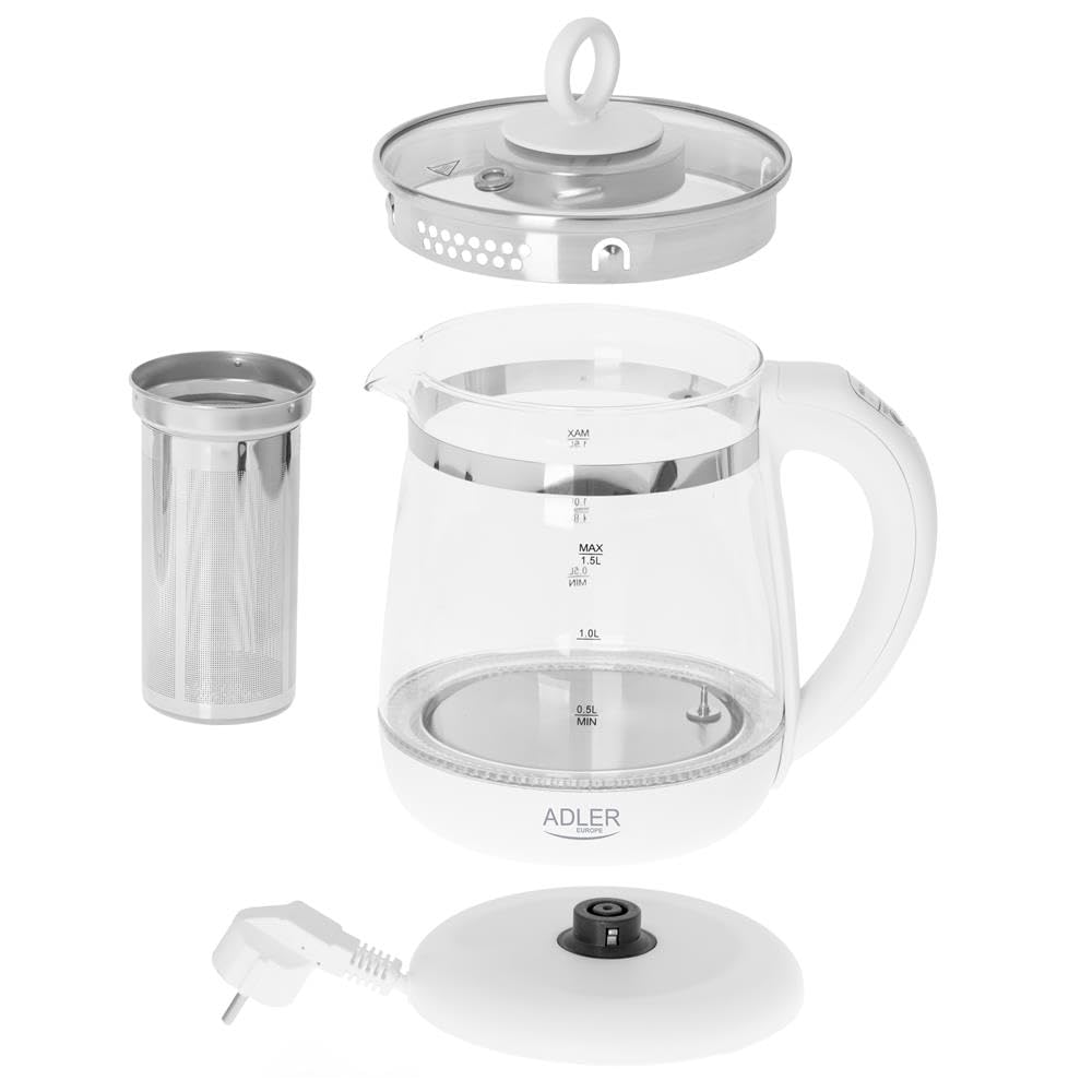 Adler AD 1299 Hervidor de Agua Eléctrico de Cristal 1,5 Litros,Infusor,Vidrio sin BPA,Retroiluminado,Regulador Temperatura 60 a 100 gradosC, Apagado Automático, Inalámbrico 360grados sin Cable, 2200W