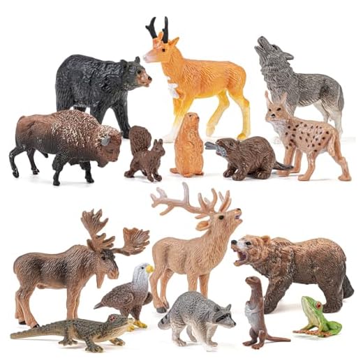 THINKBAY 16PCS Mini North American Woodland Animals Figurines Toys, Realistic Jungle Wild Animal Figures with Wolf,Bear,Bison,Reindeer Cake Toppers Birthday Gift Party Favors Toys for Toddler Kids