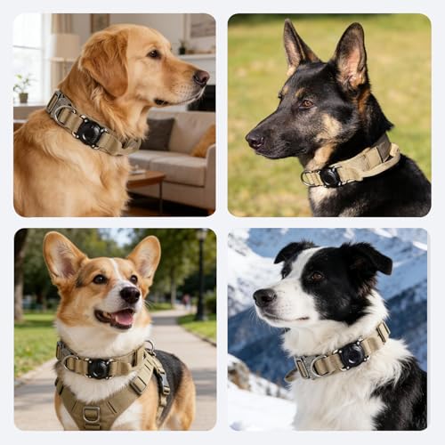 Image of Tactical Dog Collar With Airtag Holder - Waterproof, Adjustable, Heavy Duty With Control Handle and Metal Buckle for Training (Brown, L)