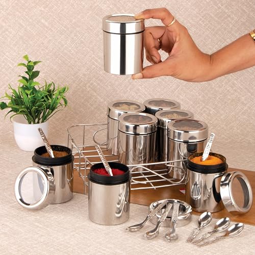 Image of STEEPLE Squre Plus Stainless Steel Masala Box | Spice Box with See-Through Lid | Masala Dani for Kitchen | 9 Containers for Organized Spice Storage, 190ml Each Container, Silver