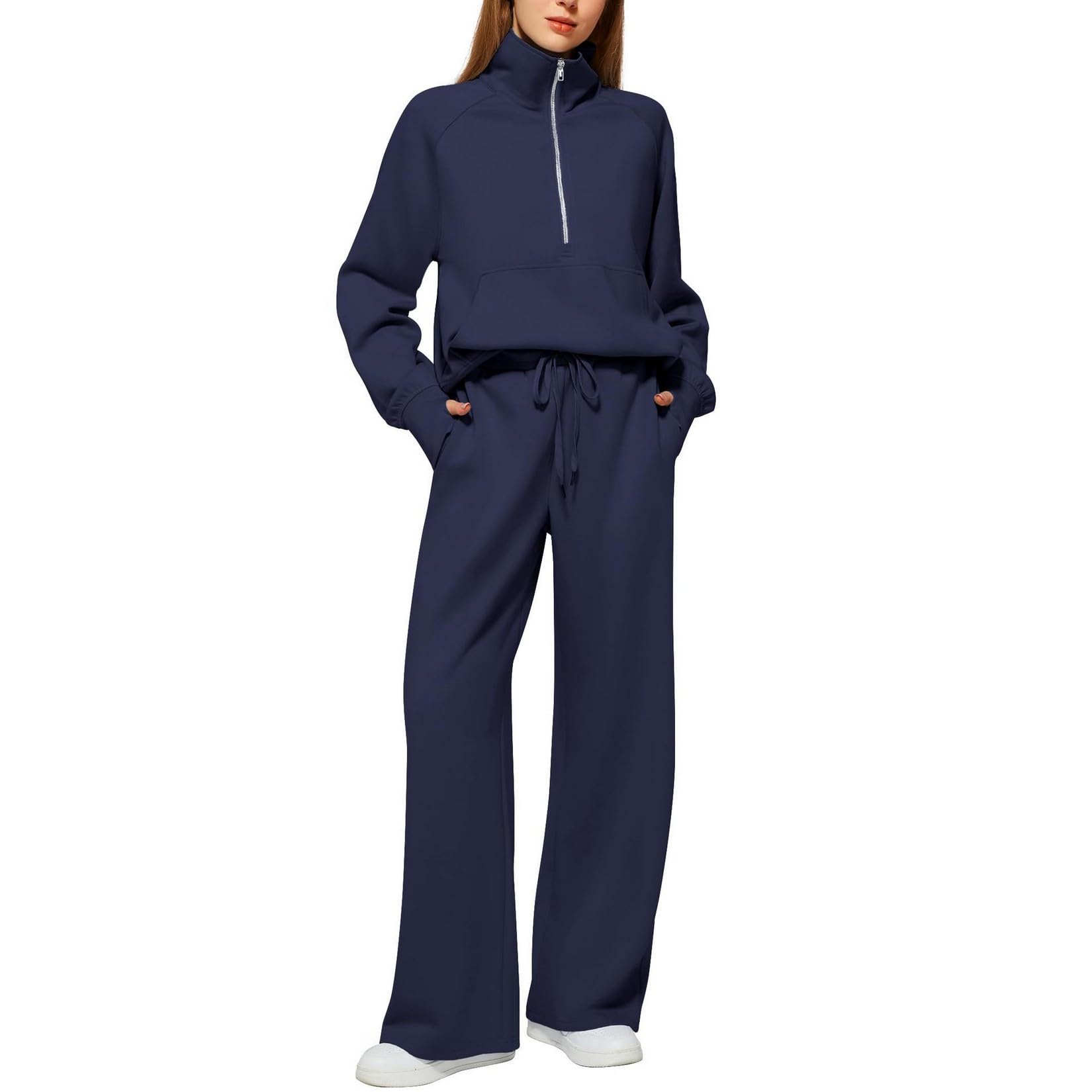 Womens Billowy 2 Piece Outfit Band Collar Long Sleeve Shirt With Pants Set Comfy Half Zip Fall Jogger
