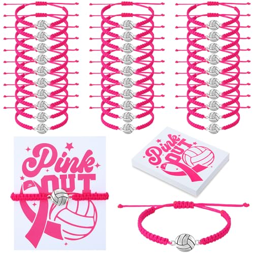 Tondiamo 30 Pieces Pink Out Volleyball Charm Bracelet Adjustable Bracelets with 30 Pcs Cardboard Volleyball Team Gifts for Team Players