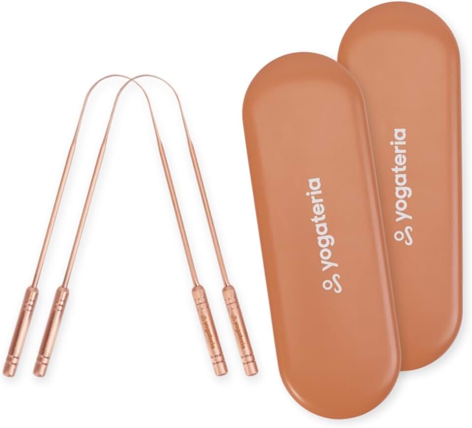 YOGATERIA Raspador Limpador de Língua Cobre Puro 100% Higienizador Bucal Ayurvédico (2 Estojo + 2 Limpador)