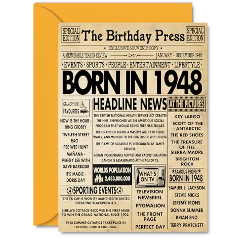 Stuff4 Geburtstagskarte zum 77. Geburtstag für Damen und Herren, Zeitung Born in 1948, Happy 77 Birthday Card for Grandma Grandad Nan Vintage Retro Back in 1948, A5, 770 Seventh Bday Grußkarten Stuff4 Geburtstagskarte zum 77. Geburtstag für Damen und Herren, Zeitung Born in 1948, Happy 77 Birthday Card for Grandma Grandad Nan Vintage Retro Back in 1948, A5, 770 Seventh Bday Grußkarten