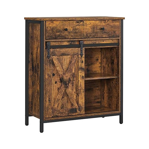 VASAGLE Storage Cabinet, Sideboard and TV Cabinet, Freestanding Floor Cabinet with 1 Drawer and Sliding Barn Door, Industrial, Rustic Brown and Black LSC100B01