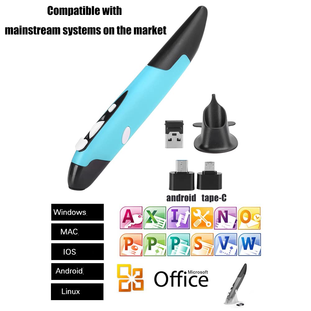 Cuifati Mouse Wireless a Penna 2.4G Ergonomico Stilo USB 4 Pulsanti DPI Regolabile 800/1200/1600 per PC, Laptop, Smart TV, /Mac/Linux - Blu PR-03 Design Verticale
