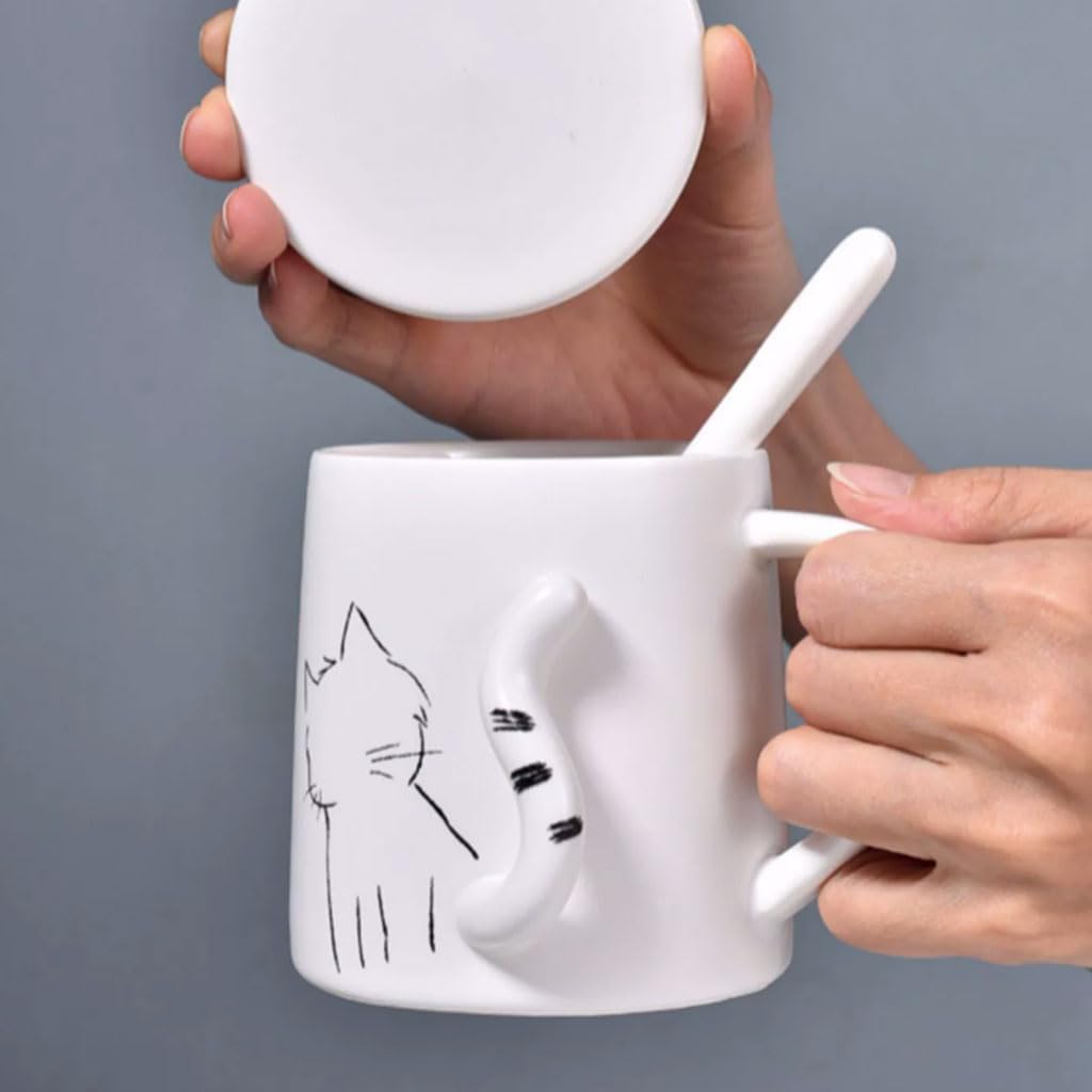 Taza de café Redonda de cerámica Blanca con Tapa y Cuchara, 350 ml/11,8 oz