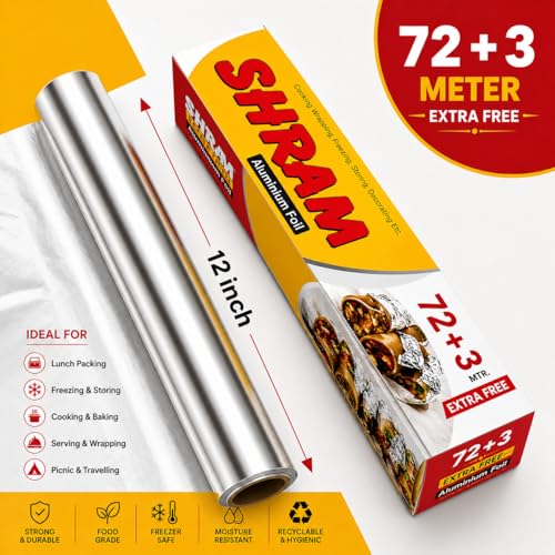 Image of Aluminium Foil 72 Meter + 3 Meter Free | 14 Micron Food Grade Kitchen Foil Roll | Safe Paper Zigzag Cutter | Multipurpose Foil for Home, Hotel & Restaurant Use | Baking, Grilling & Food Wrapping