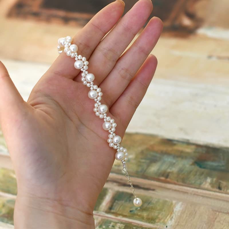 Braccialetto Intrecciato con Artigli di Gatti di Perle d'Acqua Dolce Naturali in Argento Sterling 925 per Regalo da Donna